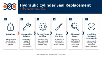 Six-step forklift hydraulic cylinder seal replacement process flow infographic