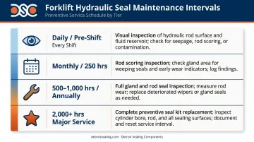 Forklift hydraulic cylinder seal inspection and replacement interval schedule table