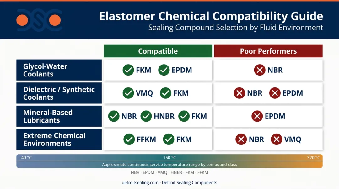 eVTOL elastomer chemical compatibility comparison chart by fluid type and compound