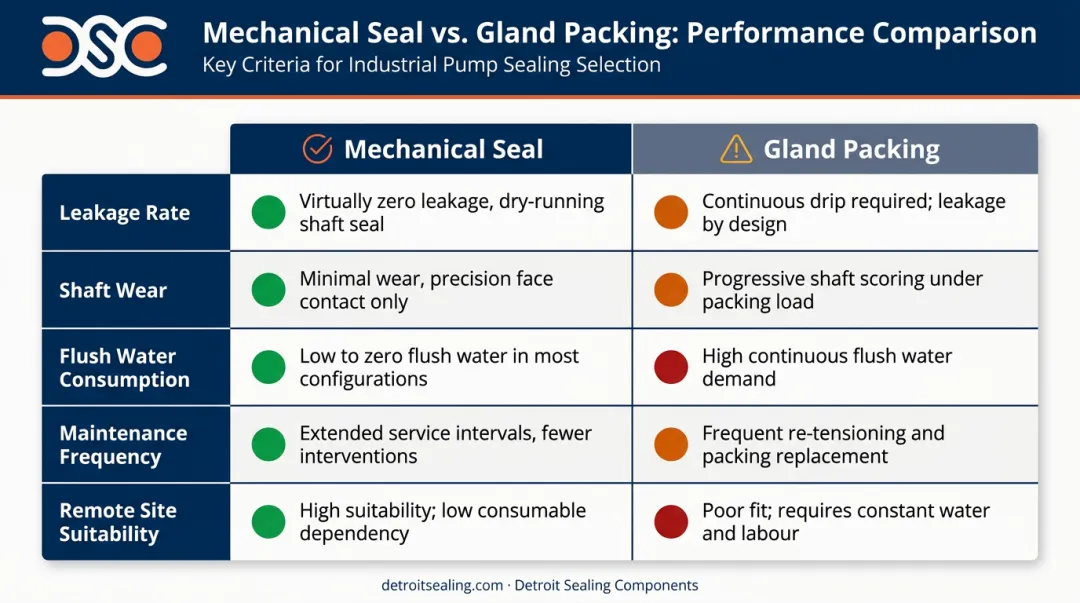 Mechanical seal versus gland packing five-factor performance comparison infographic