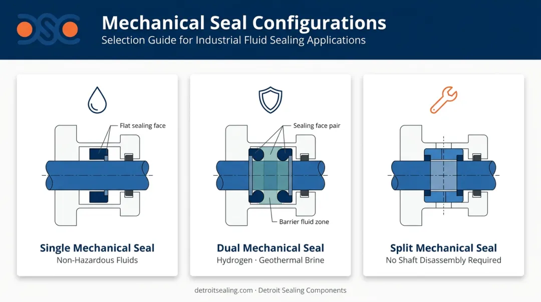 Single dual and split mechanical seal configuration types diagram for renewable energy