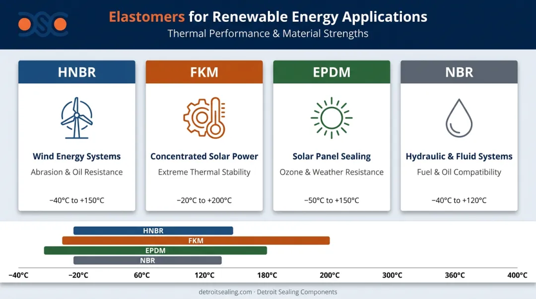Four elastomer types for renewable energy seals HNBR FKM EPDM NBR comparison chart