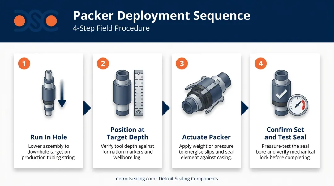 4-step well packer deployment sequence from run-in to seal confirmation
