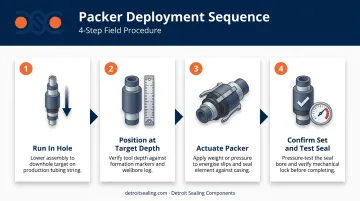 4-step well packer deployment sequence from run-in to seal confirmation