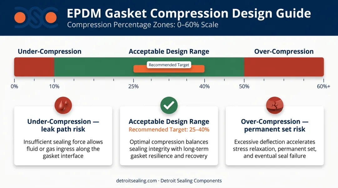 EPDM gasket compression percentage design range limits and failure risk thresholds