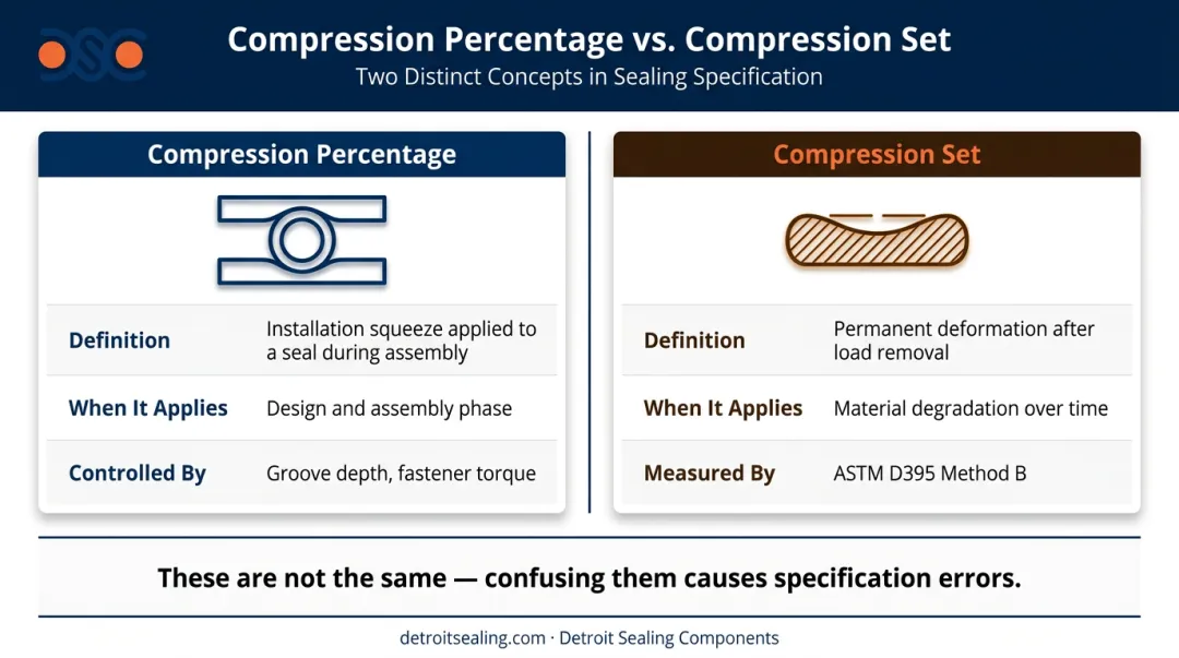 Compression percentage versus compression set side-by-side property comparison infographic