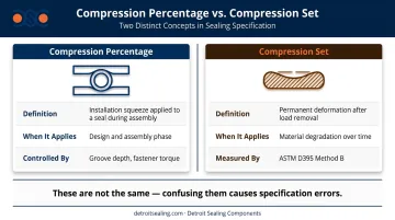 Compression percentage versus compression set side-by-side property comparison infographic