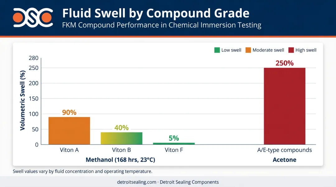 FKM fluid swell comparison Viton A B F grades in methanol and acetone