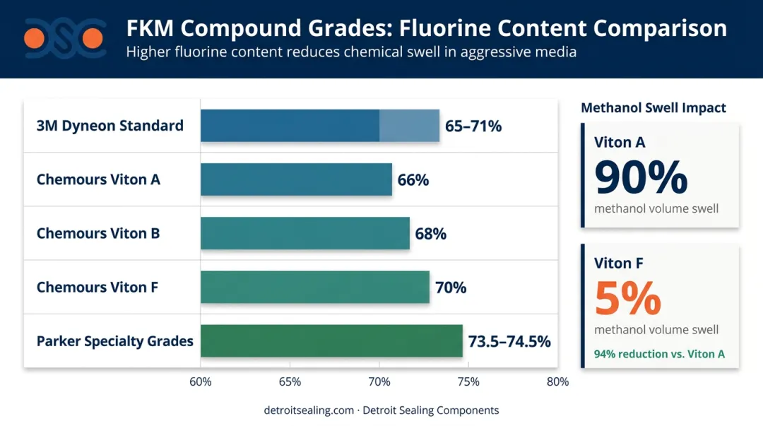 FKM compound fluorine content comparison across Viton and Dyneon grades