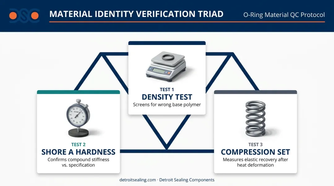 Three-test O-ring material identity verification triad density hardness compression set