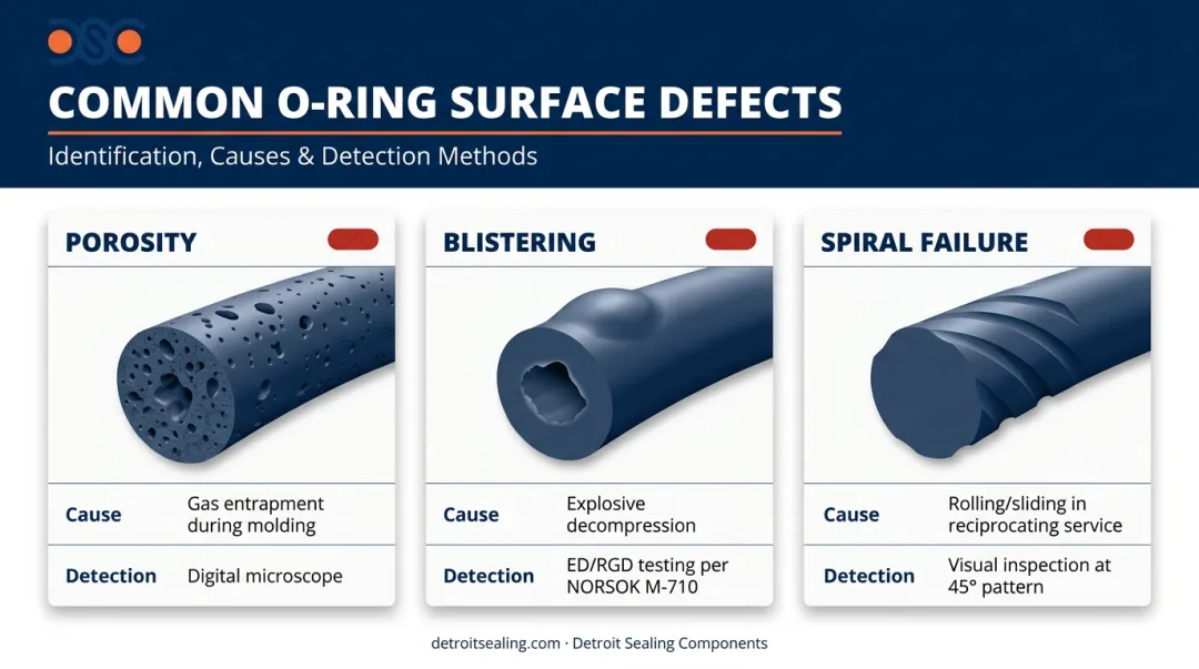 Three O-ring failure defect types porosity blistering spiral failure detection comparison