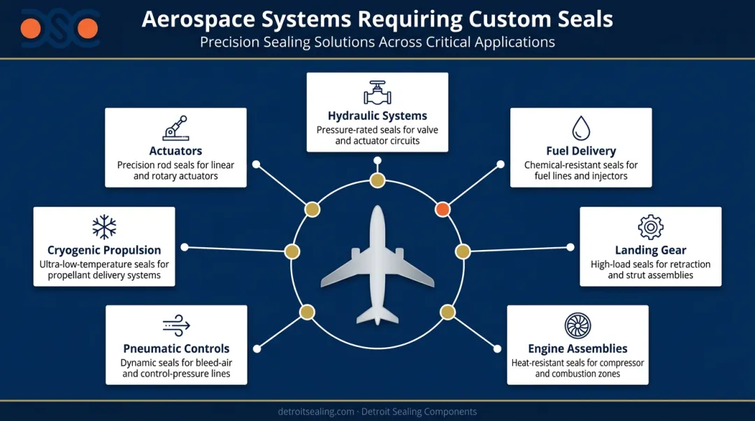 Seven aerospace systems requiring custom-engineered seals application overview infographic