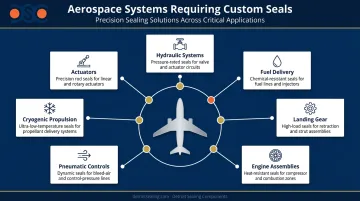 Seven aerospace systems requiring custom-engineered seals application overview infographic