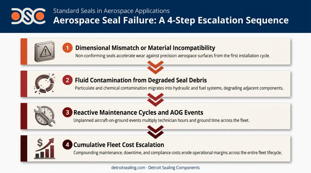 Four-step aerospace seal failure sequence from incompatibility to cumulative fleet cost