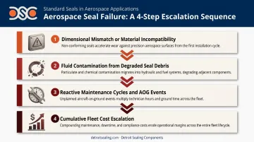 Four-step aerospace seal failure sequence from incompatibility to cumulative fleet cost