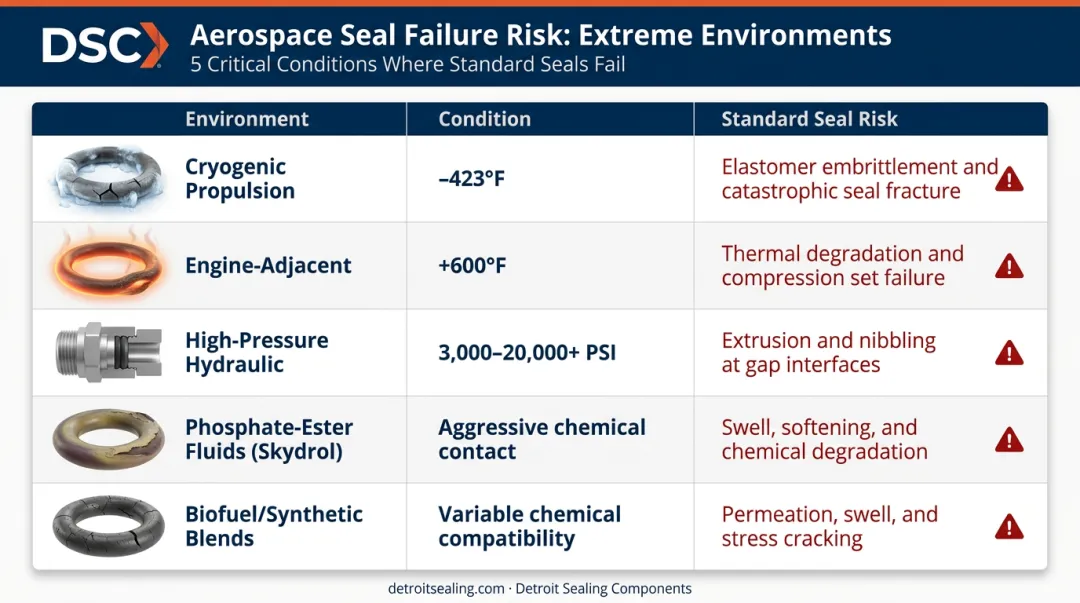 Aerospace seal material failure risk comparison table by environment and condition