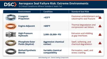 Aerospace seal material failure risk comparison table by environment and condition