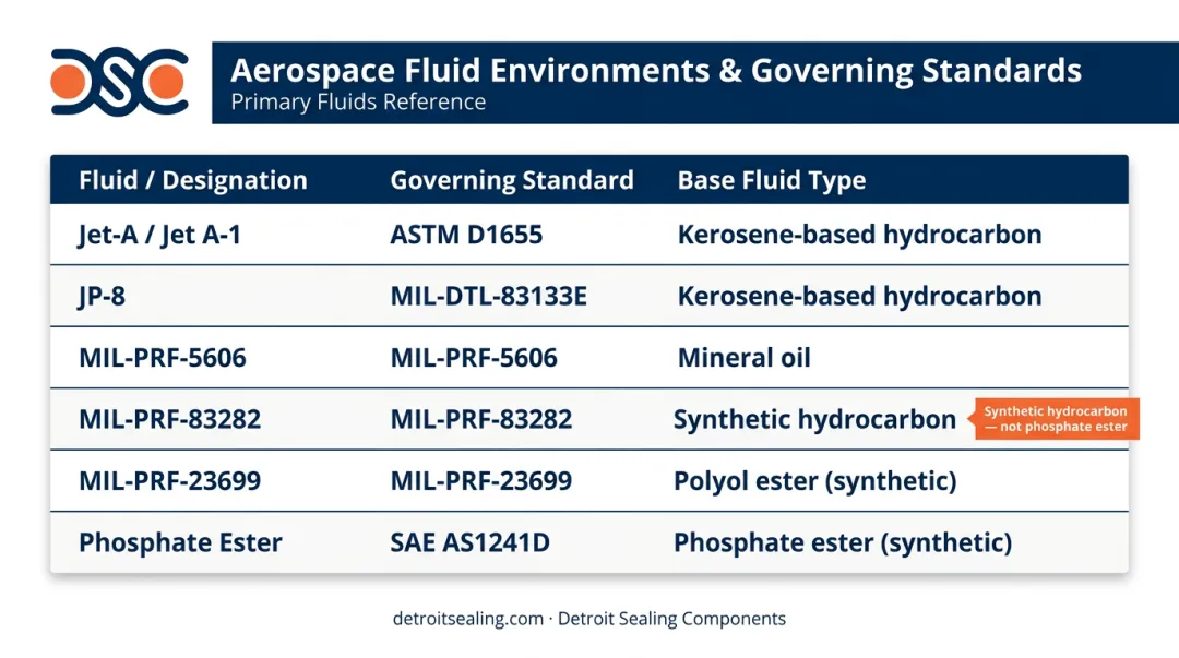 Aerospace fluid types and FKM grade selection requirements comparison table infographic