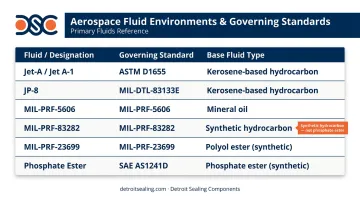 Aerospace fluid types and FKM grade selection requirements comparison table infographic