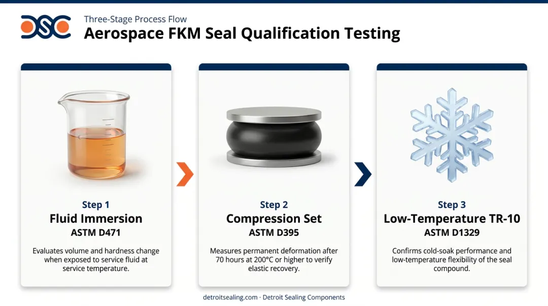 Three-step aerospace FKM seal qualification testing process flow infographic