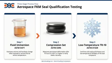 Three-step aerospace FKM seal qualification testing process flow infographic