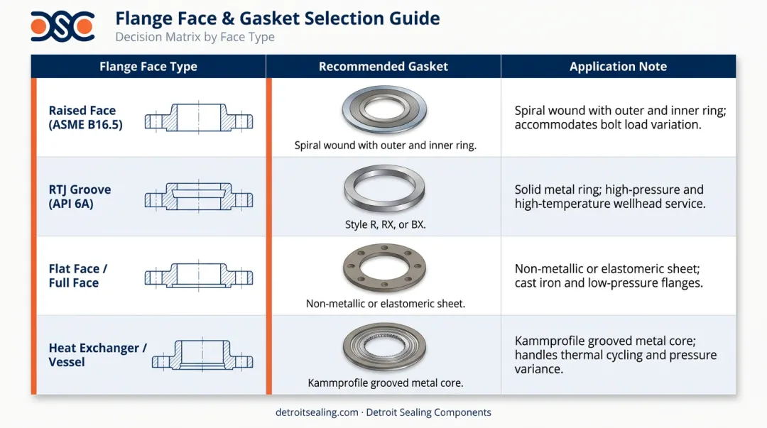 Flange face type to gasket type selection matrix for oil and gas service