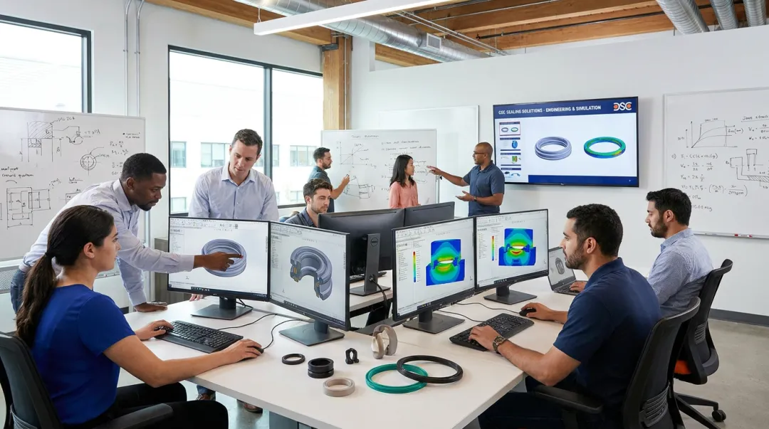 Engineering team using CAD and FEA software to design custom sealing profiles