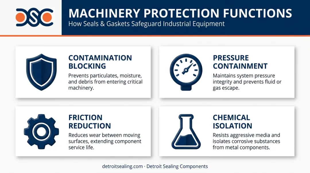 Four key machinery protection functions of seals and gaskets infographic