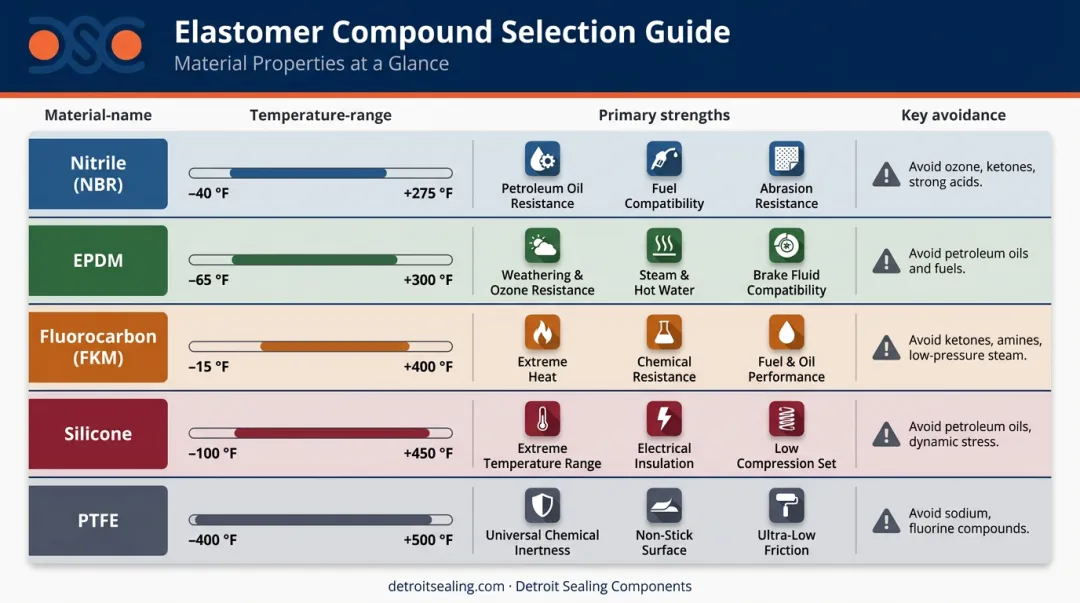Seal material comparison chart NBR EPDM FKM silicone PTFE temperature and chemical resistance