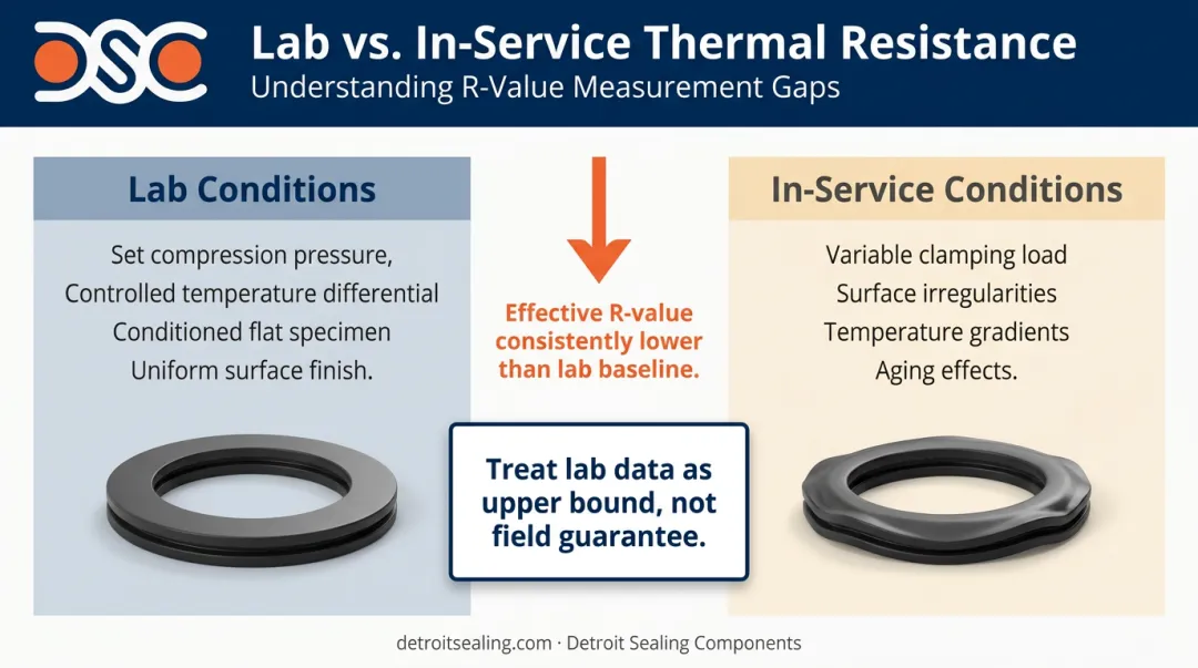 Lab-tested versus in-service gasket thermal resistance values gap explanation diagram