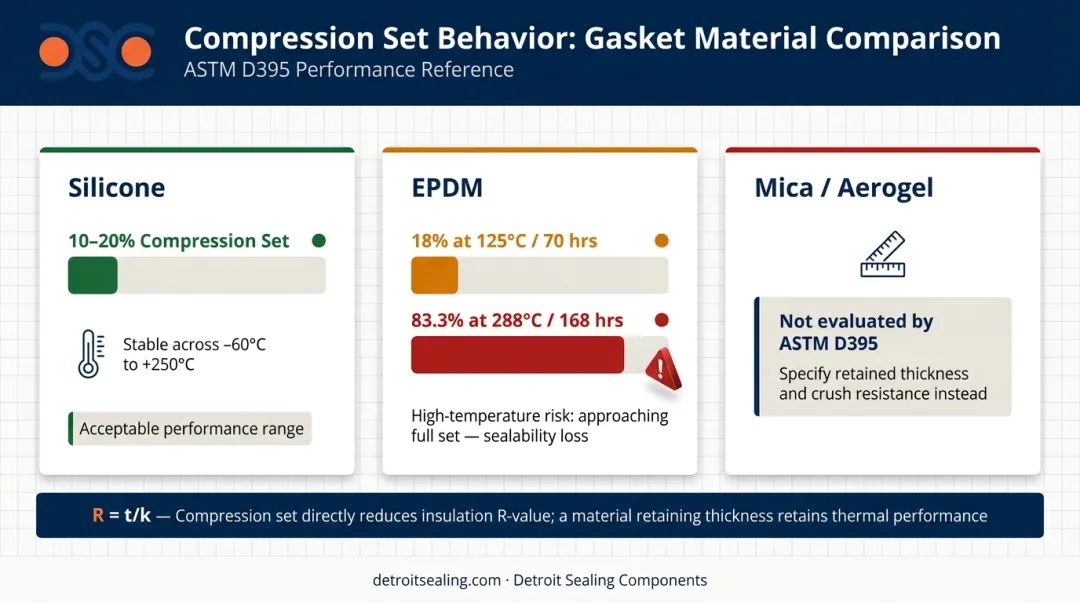 Silicone EPDM and mica aerogel compression set performance comparison over time