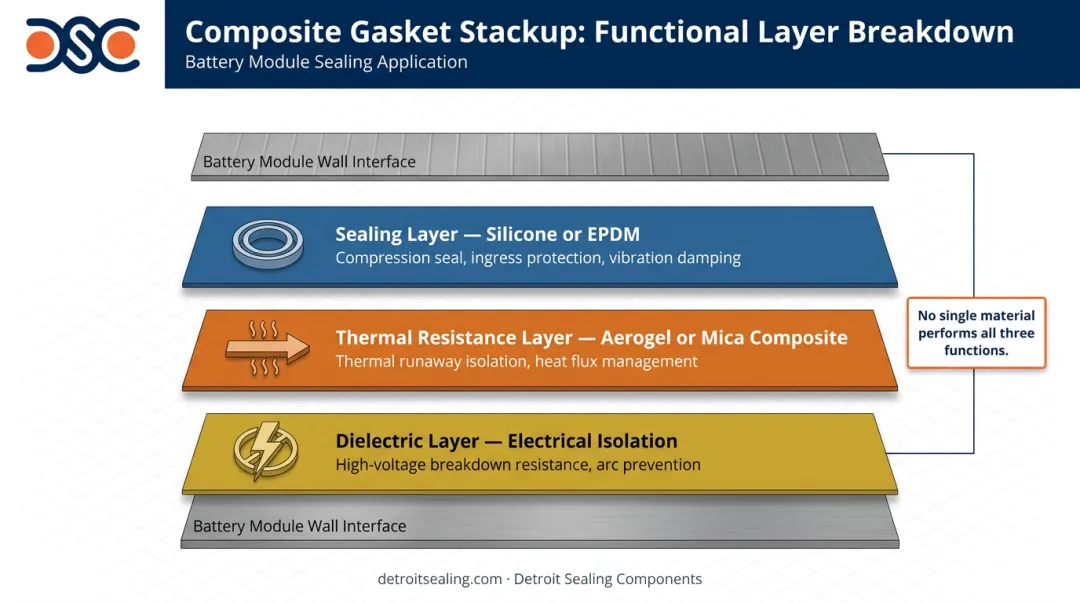 Three-layer battery gasket composite stackup sealing thermal and dielectric functions diagram