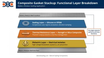 Three-layer battery gasket composite stackup sealing thermal and dielectric functions diagram