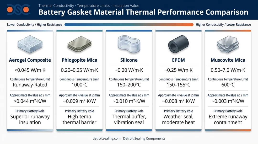 Battery gasket material thermal conductivity and R-value comparison chart by type