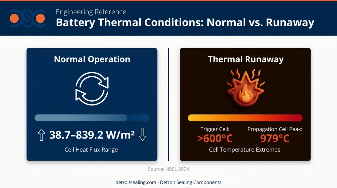 Normal battery heat flux versus thermal runaway temperature comparison infographic