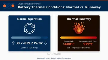 Normal battery heat flux versus thermal runaway temperature comparison infographic