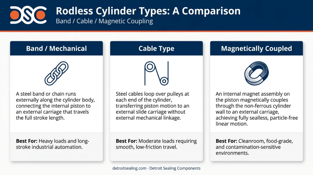 Three rodless cylinder variants comparison table band cable and magnetic coupling types