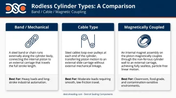 Three rodless cylinder variants comparison table band cable and magnetic coupling types