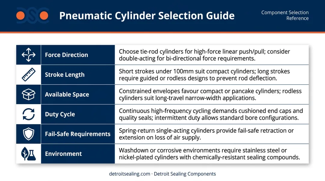 Pneumatic cylinder selection guide six-factor decision table with application recommendations