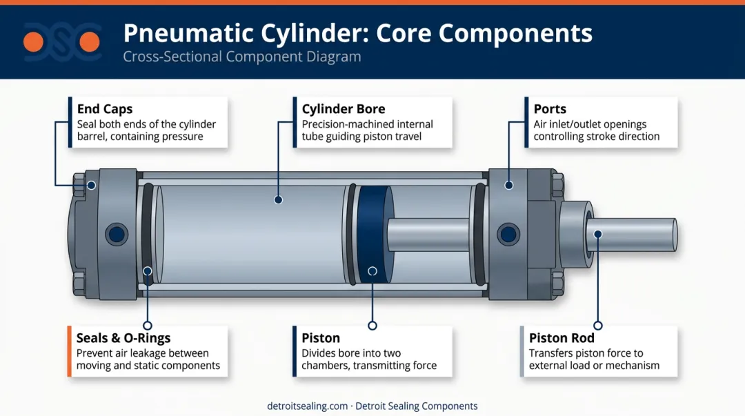 Six core pneumatic cylinder components labeled diagram with function descriptions