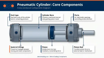 Six core pneumatic cylinder components labeled diagram with function descriptions