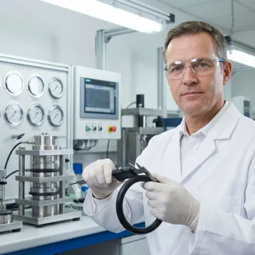 Engineer testing high pressure rubber seal performance