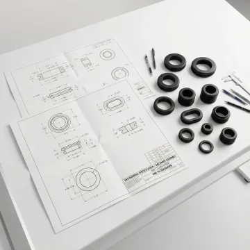 Technical drawing and finished NBR rubber grommets showing precision manufacturing