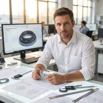 Engineer examining custom rubber ring specifications on technical drawings