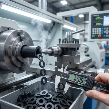Close-up of precision lathe cutting rubber washers