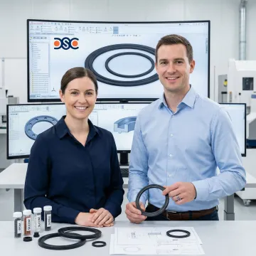 Engineers reviewing custom gasket designs with CAD software and material samples