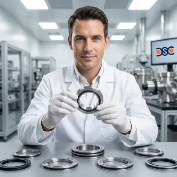 Technician inspecting centering rings and vacuum fitting seals in an industrial setting