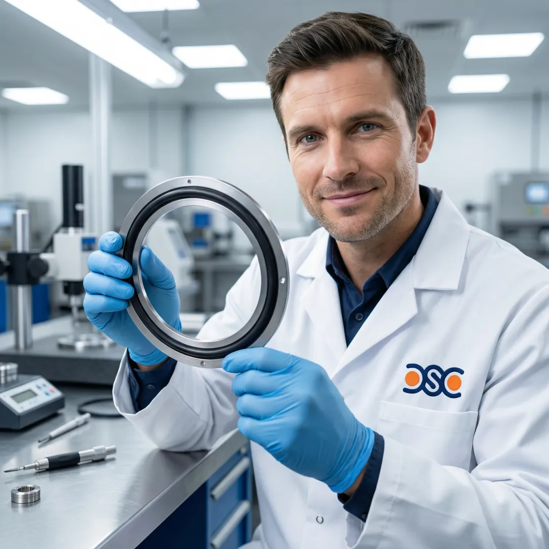Engineer inspecting metal-bonded rubber seal component in a precision manufacturing facility