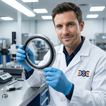 Engineer inspecting metal-bonded rubber seal component in a precision manufacturing facility