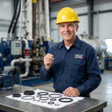 Engineer inspecting elastomeric seals for oil and gas wellhead equipment